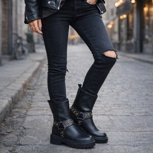 Even&Odd NEW Edgy Moto Combat Harness Lug Sole Boots 6M